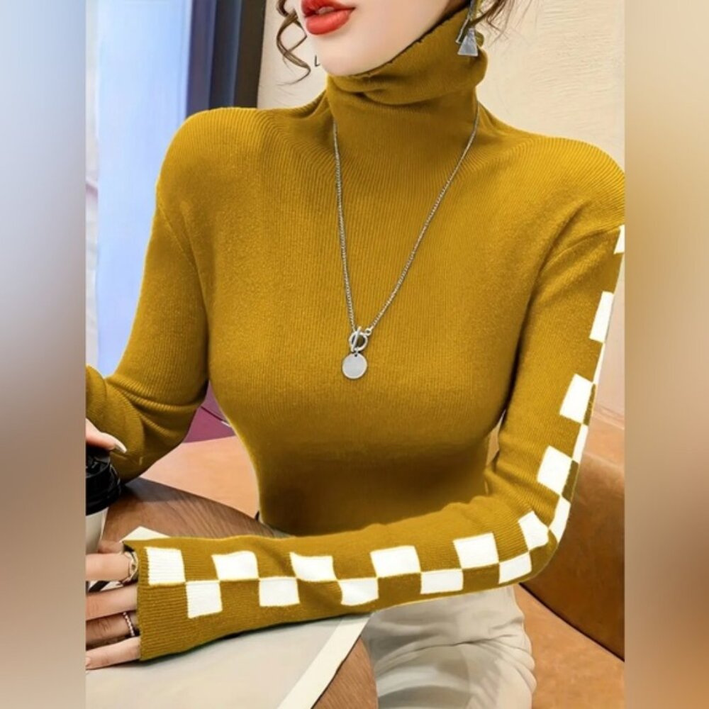 Women’s Sz Large Yellow Turtleneck Ribbed-knit  Sweater  with Checkered Sleeve